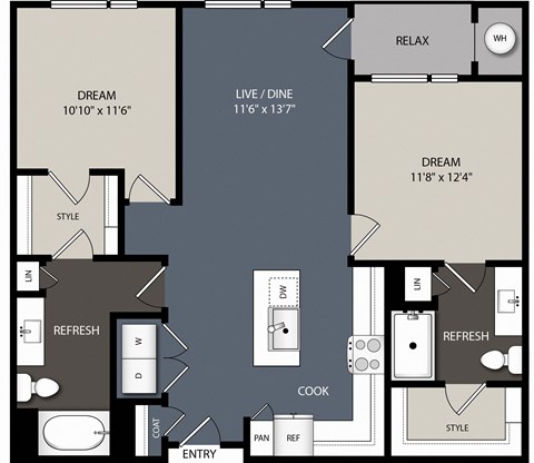Floor plan for 2 beds, 2 baths, 1085 sqft